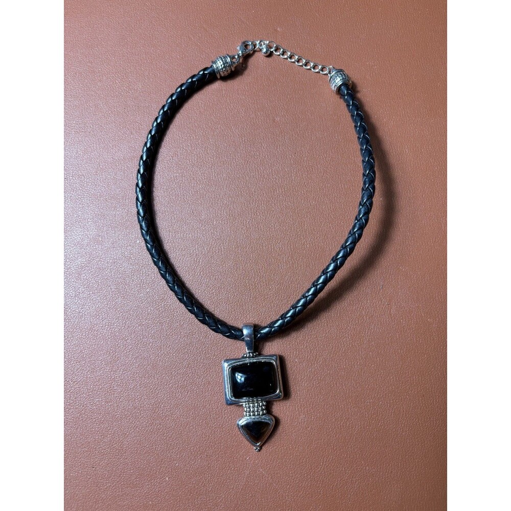 Sterling Silver Black Onyx Pendant Braided Leather Cord Necklace Modern Style